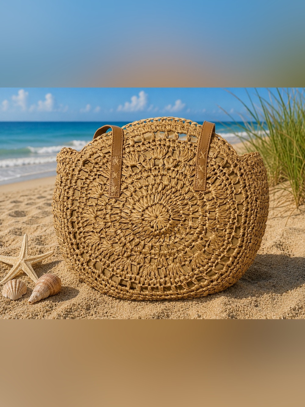 Round Woven Straw Tote Bag in Natural - Women